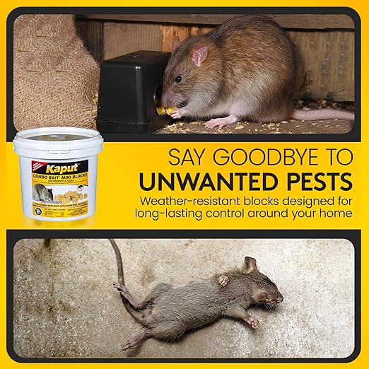 Kaput Combo Bait Mini Blocks Rodent Bait for Mice &amp Rats Warfarin Vole Killer for Indoor/Perimeter Use Kills Rodents with Consistent Feeding - Ideal for Homes Farms &amp Transport Areas (18 l