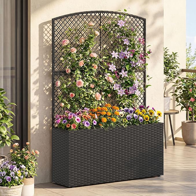 Giantex Raised Garden Bed with Trellis 58'' Tall PE Rattan Planter Box w/Liner &amp Drainage Metal Frame Privacy Screen for Vertical Climbing Plants Vegetables &amp Flowers Patio Balcony Gardeni