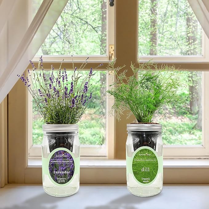 2-Pack Hydroponic Mason Jar Herb Garden Kit Indoor Herb Garden Self-Watering Starter Kit New Christmas Gift for Mom (LavenderRosemary)