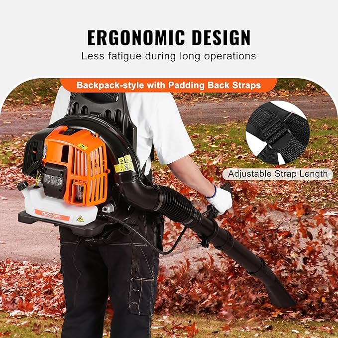VEVOR Backpack Leaf Blower 52CC 2-Cycle Leaf Blower with 1.37L Fuel Tank 480CFM Air Volume 175MPH Speed Ideal for Lawn Care Leaf Cleaning and Snow Removal
