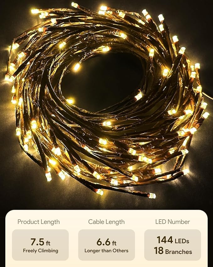 Cherry Blossom Lights with Remote 7.5 Ft 144 Flowers Enchanted Willow Vine Lights 18 Branches 144 LEDs Lighted Willow Vine Tree Lights for Walls Bedroom Home Room Decor Brown Branch