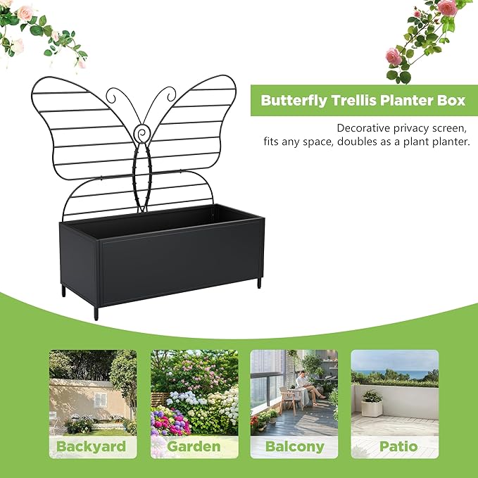 Metal Planter Box with Trellis Metal Raised Garden Bed with Drainage Holes Butterfly-Shaped Planters for Outdoor Garden Box for Climbing Plants Vegetables and Vines (Black)