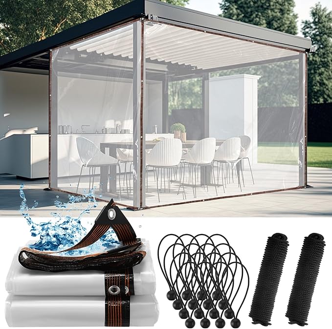 Windyun 2 Pack Heavy Duty Clear Tarps with Reinforced Edge Plastic Tarp Waterproof Plastic Cover Greenhouse Patio with Elastic Rope and Nylon Rope for Garden Furniture (10 x 12 ft)