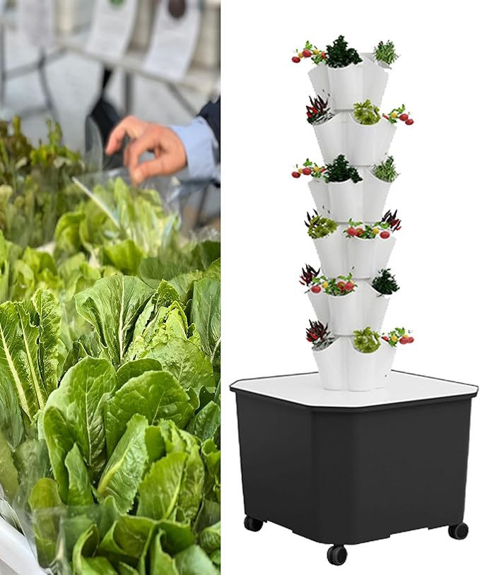 6/8/10/12 Layers Garden Hydroponic Growing Sys-tem Vertical Tower with Pump and Movable Water Tank - Vegetable Plant Tower Present for Gardening LoverWhite-6LAYERS
