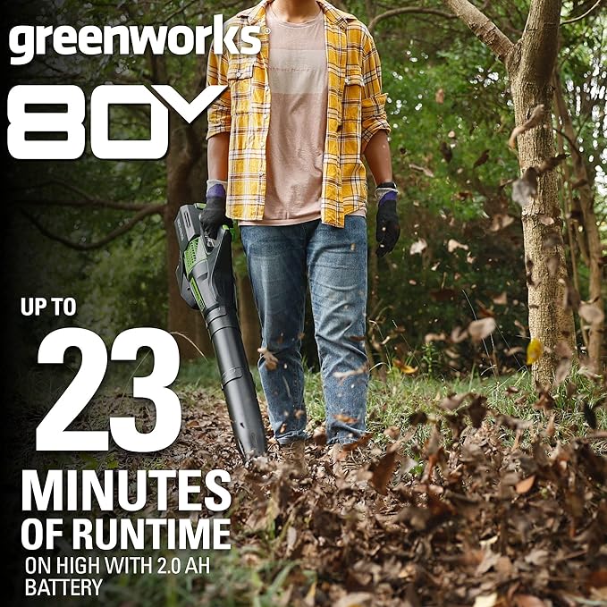 Greenworks 80V (150 MPH / 500 CFM / 75+ Compatible Tools) Cordless Axial Leaf Blower 2.0Ah Battery and Charger Included