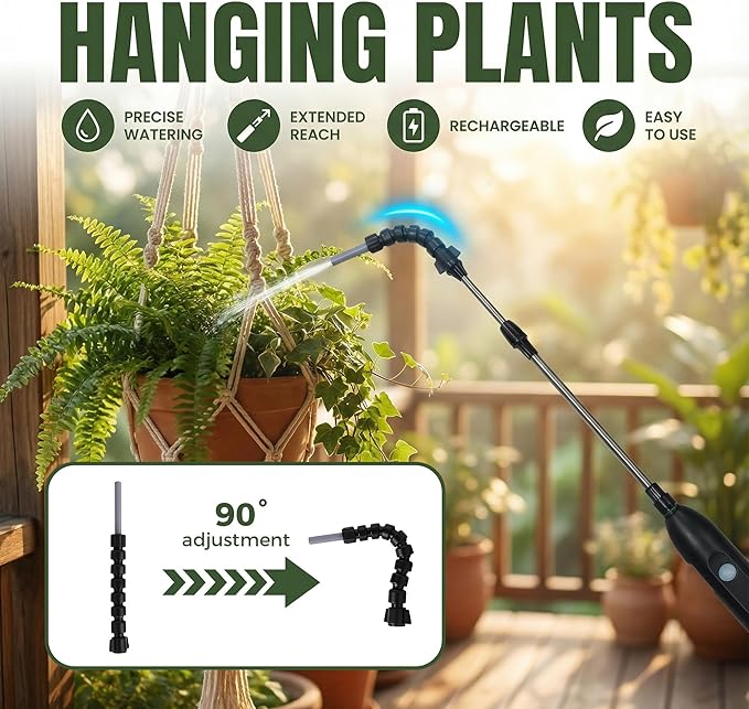 Rechargeable Cordless High Reach Plant Waterer - with Telescopic Wand Plant (25.6–33.4 in) Watering Can Hanging Plants Baskets 2 Adjustable Nozzles and 8.6ft Water Hose for Yard Lawn Weeds Plants