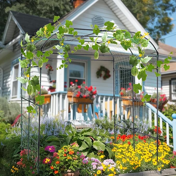 Garden Arch Trellis for Climbing Plants Outdoor Cucumber Trellis for Raised Bed Grape Vine Tomato Bean Tall Vegetable U Frame Plant Support Black