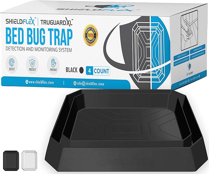 Bed Bug Trap — 4 Pack | TruGuard XL Bed Bug Interceptors (Black) | Extra Large Bed Bug Traps for Bed Legs | Reliable Insect Detector Interceptor and Monitor for Pest Control and Treatment