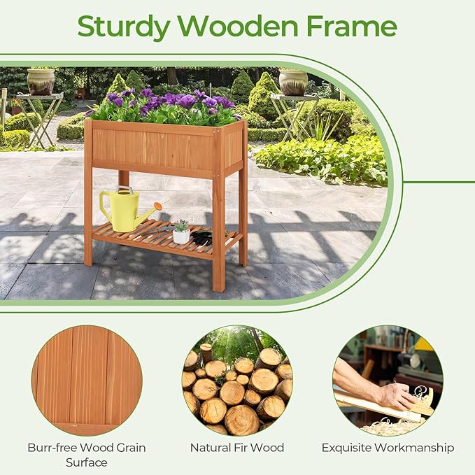 COSTWAY 2-Tier Raised Garden Bed Fir Wood Planter Box with Storage Shelf for Vegetables Herbs &amp Flowers – 39 x 20 x 39 for Backyard Patio &amp Balcony
