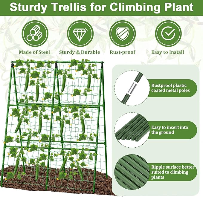 Cucumber Trellis for Garden 34 X 47 Inches A Frame Gardening Trellis with Fabric Raised Garden Bed Climbing Net and Plant Support Clips for Climbing Plants