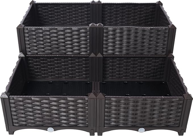4 Piece Raised Garden Bed with Legs Self-Watering Planter Boxes for Flowers &amp Vegetables Brown