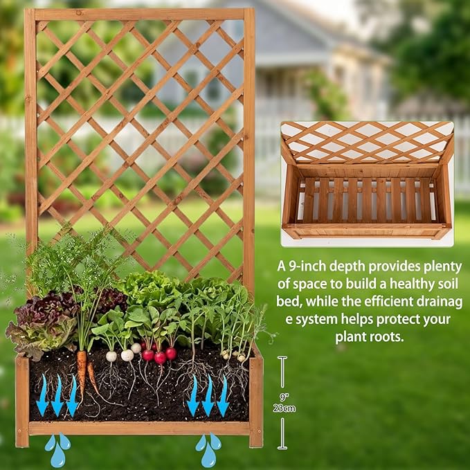 Wooden Raised Garden Bed with Trellis 47 Outdoor Planter Box for Climbing Plants Vertical Warm Brown Garden Planter for Vegetables Flowers &amp Vines Lattice Plant Support for Patio Yard Balcony