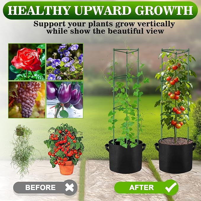NNG 2 Packs 48 inches Tomato Cages with 10 Gallon Grow BagsGarden Plant Support CagesPlant Tower Stakes Garden Trellis for Climbing PlantsTomato Plant Trellis for Vegetable Fruits Vines