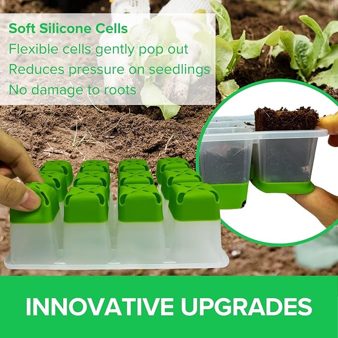 BeGrit 72 Cells Reusable Seed Starter Tray 6 Pack Seed Starter Kit with Silicone Cells Air Vent Humidity Domes for Indoor Gardening Plant Germination Trays for Seeds Starting (Clear)