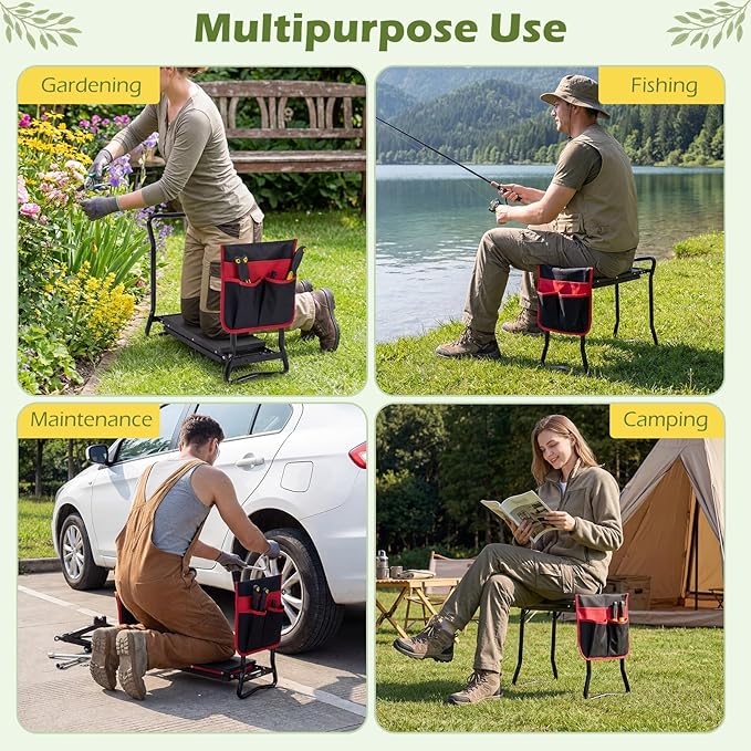 Goplus Garden Kneeler and Seat Heavy-Duty Garden Bench w/Large Tool Pouch Widen EVA Foam Kneeling Pad Portable Gardening Helper for Women Men Seniors Foldable Garden Stool for Kneeling &amp Sitti