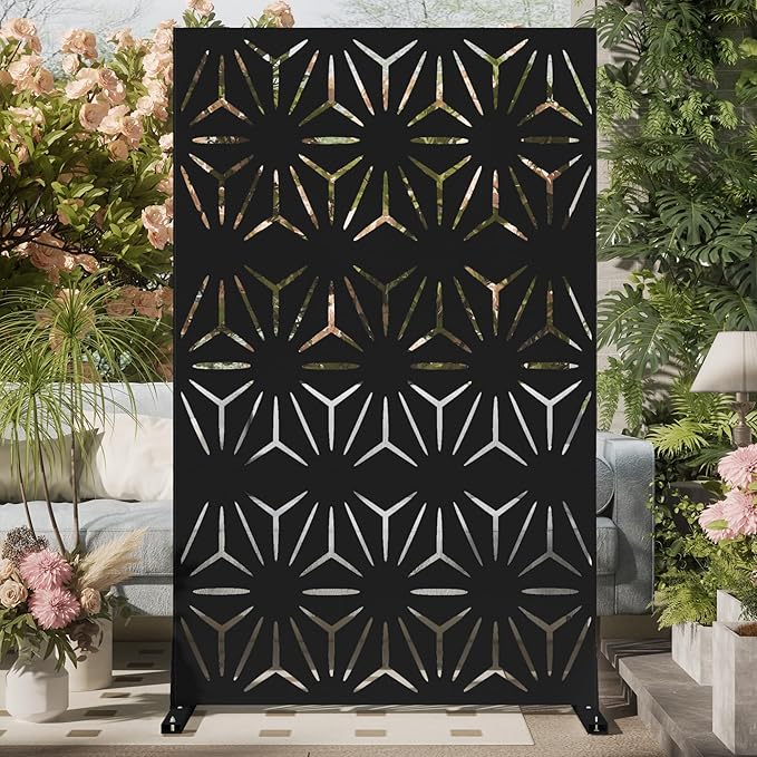 Cofar Metal Privacy Screen Outdoor 72 H×44 W -Black Freestanding Outdoor Privacy Panels with Stand Decorative Fence for Patio Deck Balcony（Floral）