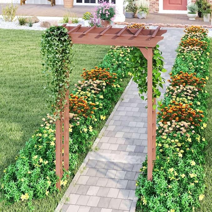 Wooden Garden Arbor Trellis Brown Fir Wood Outdoor Pergola Arch with Lattice Panels 85x63x26 Inch for Wedding Ceremony Plant Climbing Backyard Decor