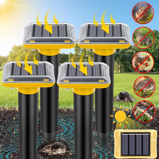 Mole Repellent Solar Powered2026 Upgraded Vole Repellent Ultrasonic Solar PoweredMole Repeller Outdoor for Lawns Garden YardGopher Trap Killer for GopherSquirrel(Yellow4 Pack)