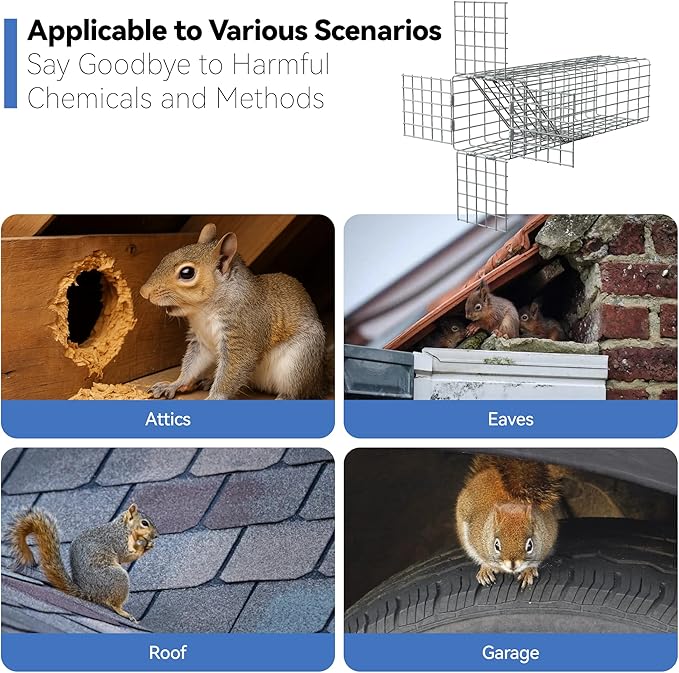 One Way Door for Squirrels Excluder Humane Squirrel Traps OutdoorM Reusable Squirrel and Rodent Trap with Copper Mesh for Chipmunks Mice Rats Includes DIY Installation Kit