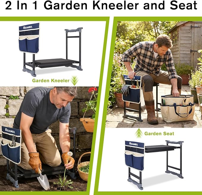 Garden Kneeler and Seat with Umbrella 2-in-1 Foldable Gardening Stool with Adjustable Bracket Detachable Tool Bags Heavy Duty Kneeling Pad for Gardening (Beige Blue)