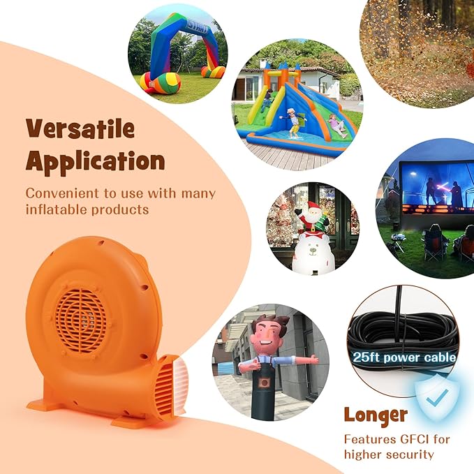 Costzon Air Blower 380W 0.5HP Bounce House Blower with 25 FT SJTW Wire &amp Stakes IPX4 Air Blower for Inflatables ETL GFCI Plug Perfect for Inflatable Bouncer Blower Jumper Bouncy Castle Oran