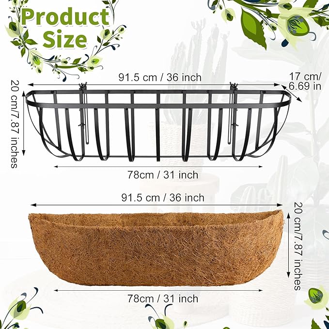 Tessco for you 2 Pieces Railing Planter Boxes 36 Inches Window Box Planters with Coco Liner and Adjustable Brackets for Deck Porch Fence Patio Balcony Gardening Outdoor Plants