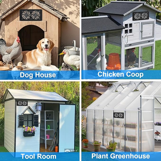 Chicken Coop Solar Powered Dual Metal Shell Fan Kit 20W Solar Exhaust Fan IPX7 Monocrystalline Solar Panel Ventilation Air Cooling Fans for Chicken Coops Greenhouses Sheds Dog Houses Plug &amp Pl