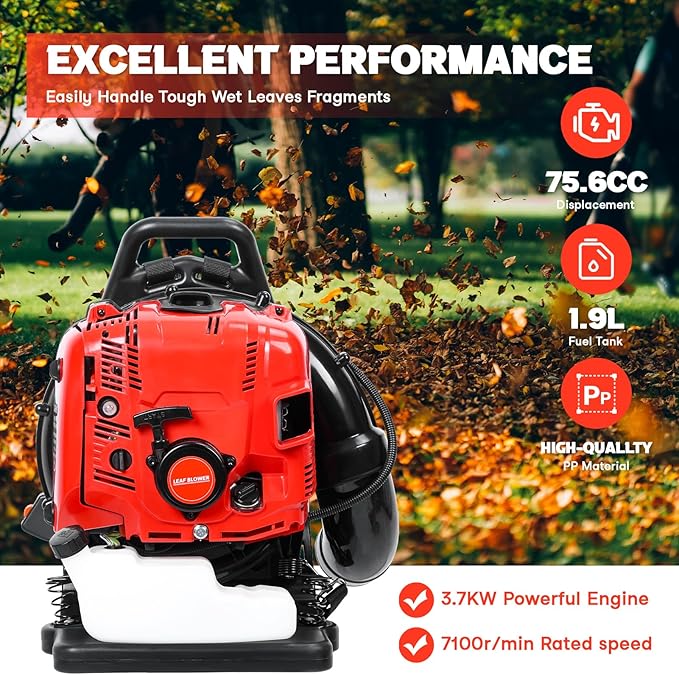 Leaf Blower Gas Powered 52-75CC Gas Powered Backpack Leaf Blower with 2/4-Stroke Engine 750/900CFM Powerful Snow Blower for Lawn Care Yard Dust Debris (Red - 75CC - 4 Stroke)