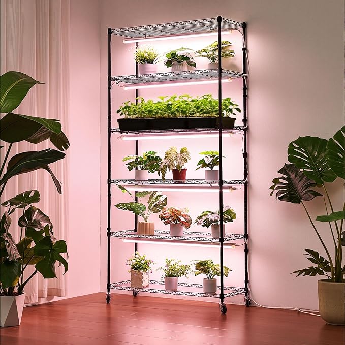 VEVOR Plant Shelf with Grow Light 6-Tier Indoor Plant Stand 71in Tall Indoor Plants Display Rack with Wheels &amp Timer 150W 3800K Full Spectrum Grow Lights Metal Flower Pot Holder for Seed Start