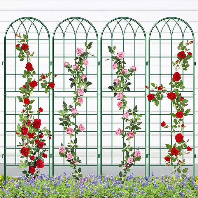 SUNYRISY 4Pack Metal Garden Trellis for Climbing Plants Outdoor 59x16in Metal Plant Support for Flowers Tomato Cucumber Rose Vegetable Garden Courtyards Lawns Decoration Green