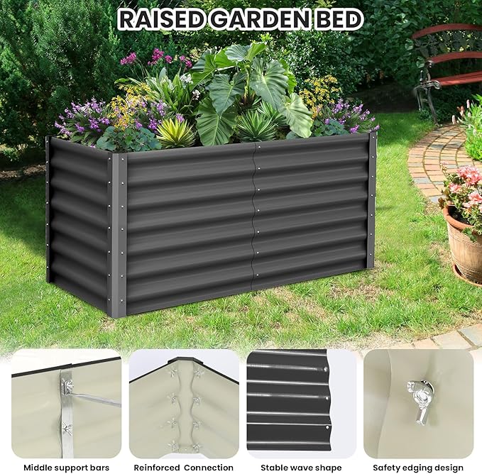 Raised Garden Bed Heavy Duty Raised Garden Beds Outdoor Galvanized Metal 6x3x2ft Planters for Outdoor Plants with Safety Edges 2-Pack Raised Beds for Gardening and Planter Box Dark Gray