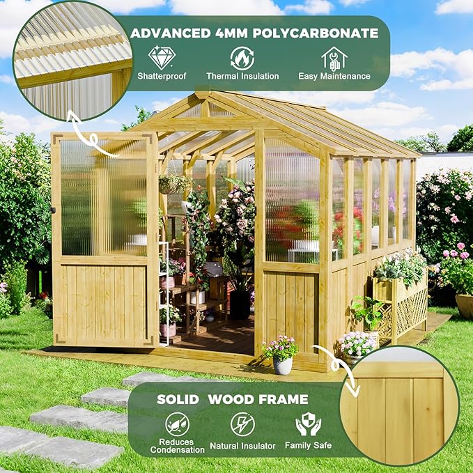 6x8 FT Wood Greenhouses for Outdoors Heavy Duty Outdoor Greenhouse Kit with Adjustable Roof Vent and Reinforced Panels Walk in Polycarbonate Greenhouse for Outside Backyard Garden Yard Natural