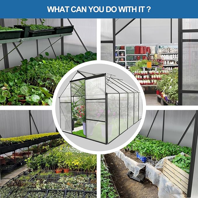6x10 FT Polycarbonate GreenhouseHeavy Duty Walk-in Garden Plants Green HouseAdjustable RoofRaised Base and Sliding Door for Outdoor BackyardEasy to InstallBlack