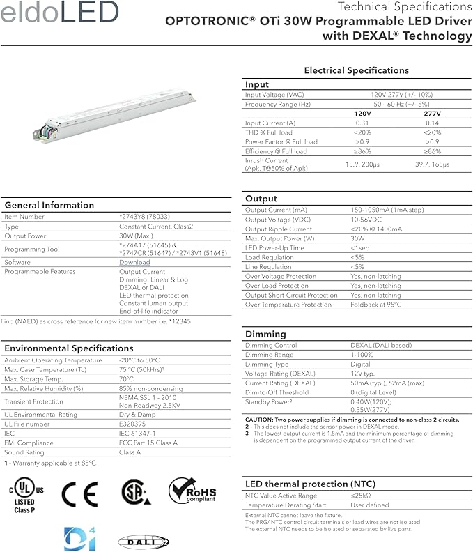 eldoLED | 2743Y8 OPTOTRONIC OTi 30W Programmable LED Driverwith DEXAL Technology | Replacement for 78033 Osram | OTi30/120-277/1A0 DX L