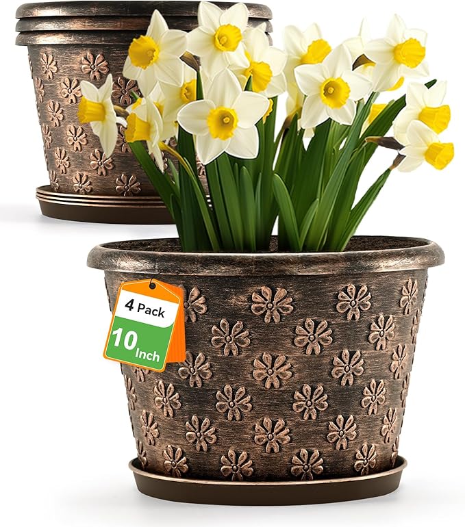 10 Inch Planter Pots for Plants 4 Pack Plastic Large Flower Pots Indoor Outdoor Resin Plant Pot with Drainage &amp Saucer Retro Decorative Garden Pot with Removable Trays for House