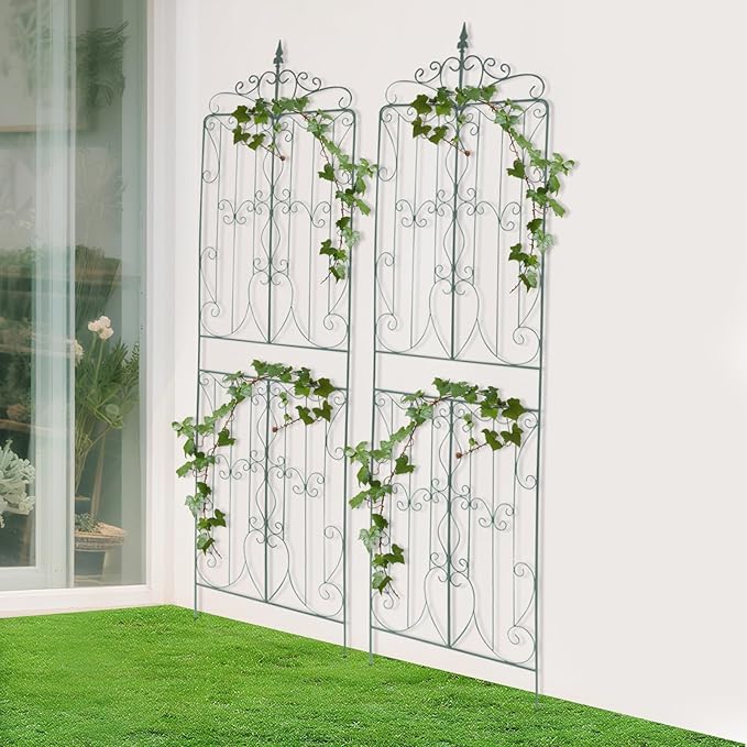 2 Pack Rustic Iron Arch Decoration Garden Trellis 25.59 x 93.3 in Metal Garden Trellis with Green Coating Iron Garden Trellis for Supporting Climbing Plants Outdoor Roses Vines Flowers(Green)