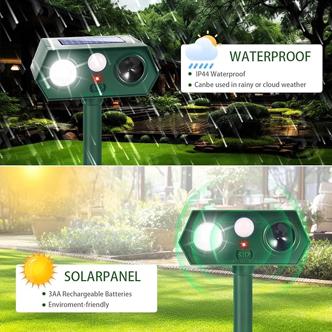 4 Pack Ultrasonic Solar Animal Repellent Cat Deterrent OutdoorDeer Repellent with Motion Sensor Strobe LightWaterproof Animal Repeller for Raccoon Squirrel Rabbit Dog SkunkYard Garden Protection