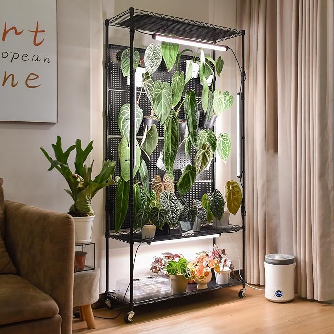 Bstrip Plant Cabinet with Pegboard 3 Tier Plant Shelf with Grow Light Metal Plant Stand with 4 Pack 96W Grow Lights for Indoor Plant Foliage Plants Seed Starting 35.4x13.8x71