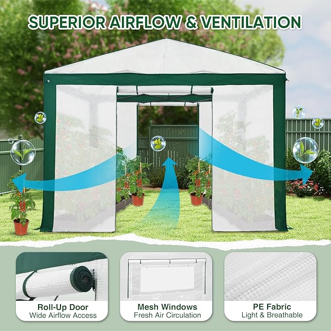 EAGLE PEAK 10x10 Portable Walk in Greenhouse with Polyester Reinforced Corners Instant Pop up Indoor Outdoor Gardening Green House Roll Up Zipper Entry Doors and Mesh Windows Green/White
