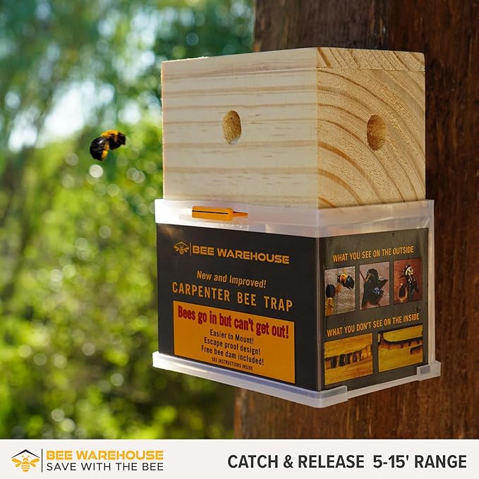 Carpenter Bee Trap - Wood Boring Bee Trap - Unique Catch &amp Release Outdoor Carpenter Bee Trap - Includes Hanging Hardware &amp 5 Bee Dams