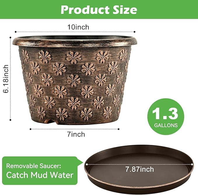 10 Inch Planter Pots for Plants 4 Pack Plastic Large Flower Pots Indoor Outdoor Resin Plant Pot with Drainage &amp Saucer Retro Decorative Garden Pot with Removable Trays for House
