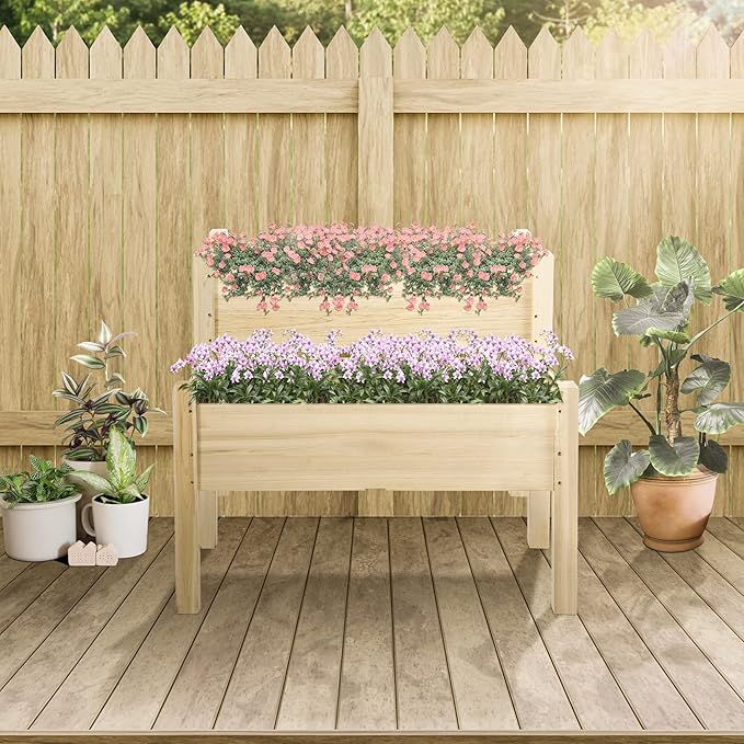 34x34x28 Raised Garden Bed 2-Tier Elevated Wood Planter Box for Backyard Patio to Grow Vegetables Herbs and Flowers Natural