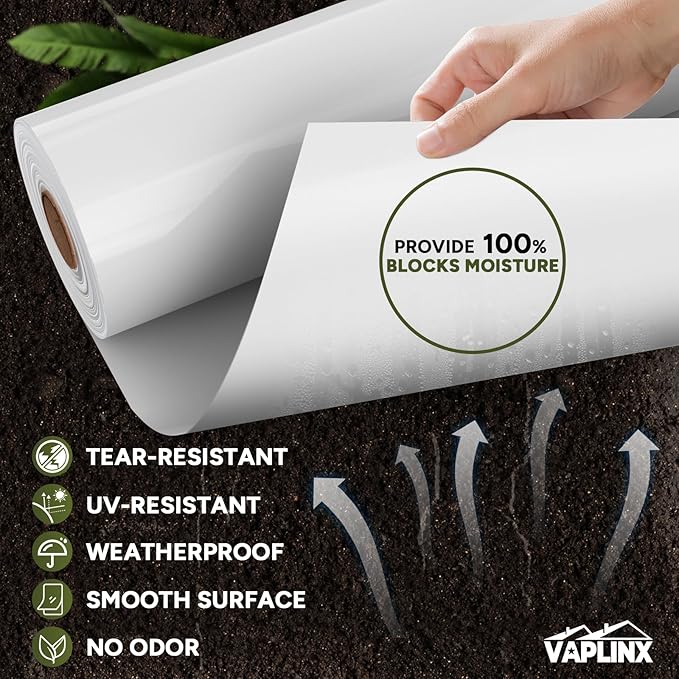 White Crawl Space Vapor Barrier 10 Mil Vapor Barrier 10' x 25' Heavy Duty Polyethylene Film Thick Plastic Sheeting Plastic Drop Cloth Covering for Crawlspace Basement White