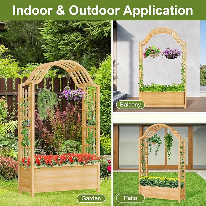 Raised Garden Bed with Trellis Freestanding Wood Planter Box w/Hanging Roof &amp Drainage Holes for Vine Climbing Plants Flowers Outdoor Planter with Trellis for Patio Balcony