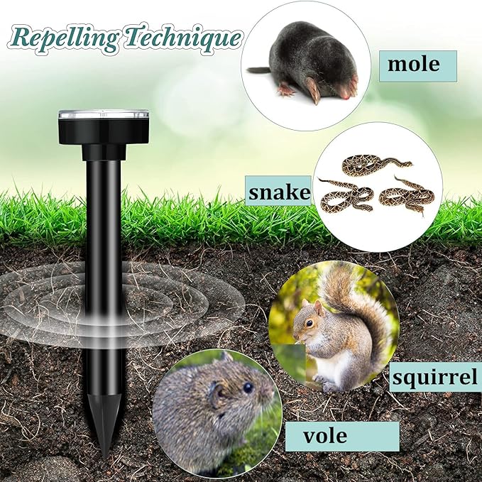 Mole Repellent 10P Solar-Powered Deterrent Stake Sonic Spikes Get Rid for Snake Groundhog Gopher Vole Deer Repellent for Lawns Garden &amp Yard Black