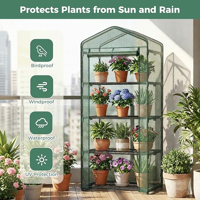 OLIXIS Greenhouse 27×19×63 4 Tier Portable Green House with Durable PE Cover Roll-up Zipper Door Small Greenhouses for Indoor Outdoor Balcony Porch Garden Patio Backyard Green Houses (Green)