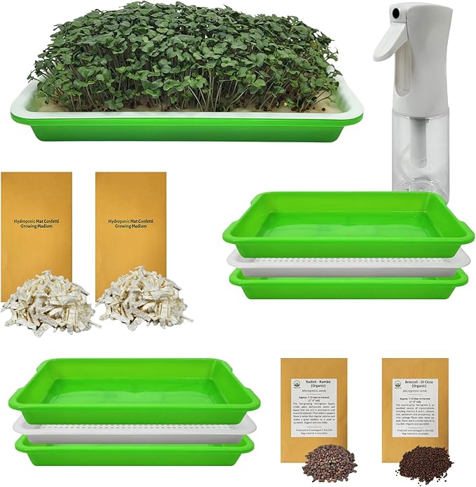 Complete Home Microgreens Kit - Indoor Garden System - Includes 2 Sets of Reusable Trays Spray Mister 2 pkgs of Hydroponic Growing Medium Organic Radish and Broccoli Seeds