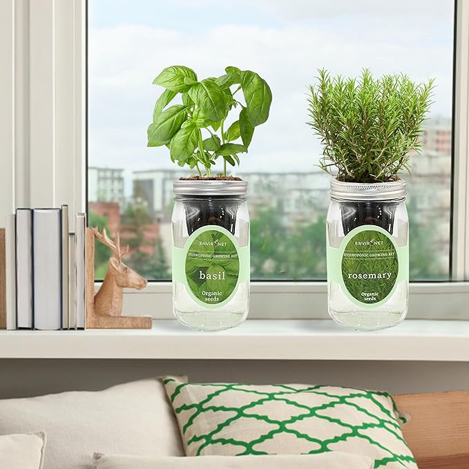 2-Pack Hydroponic Mason Jar Herb Garden Kit Indoor Herb Garden Self-Watering Starter Kit New Christmas Gift for Mom (BasilRosemary)
