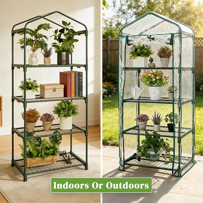 Mini Greenhouse for Indoor Outdoor Small Plants Green House with 4 Tier Shelves Portable Plastic Greenhouses with Transparent PVC Cover for Garden Backyard Patio Balcony Porch