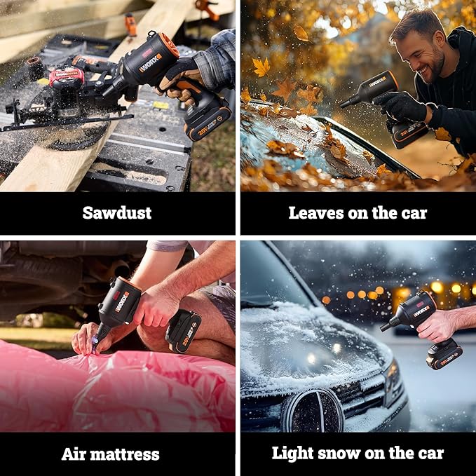 WORX Cordless Blower/Inflator 20V 39 CFM 470 MPH Brushless High Speed Portable Dust Cleaner for Workshop Lawn Yard Home Lightweight Handheld Blower Tool Only PowerShare